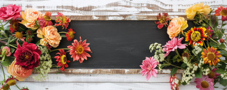 A colorful floral arrangement over a white wooden background with a blank blackboard, ideal for writing messages.の素材