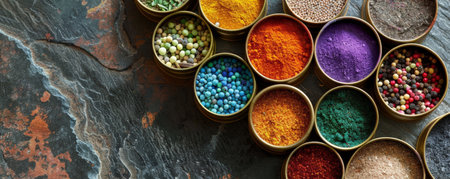 A collection of colorful spices in round tins, artistically placed on a dark stone surface.の素材