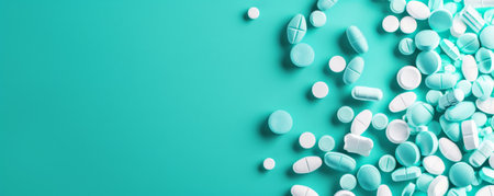 A cluster of pills and capsules creating a corner frame on a turquoise background, with the rest of the space open for text. The cool turquoise hue provides a refreshing look.の素材