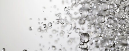 A cluster of small bubbles rising diagonally across a blank white background, creating a sense of motion and lightness.の素材