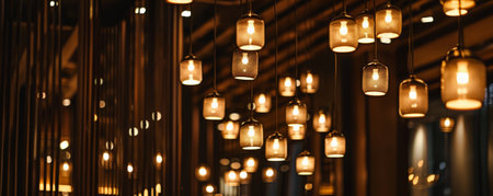 A dark room with a high ceiling adorned with modern, decorative electric lamps. The warm, diffused light creates a cozy ambiance, with ample space left in the background for text or additional elements.の素材