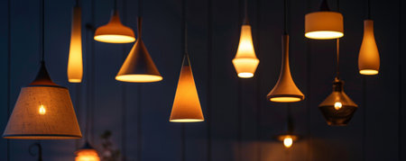 A collection of contemporary electric lamps hanging from the ceiling in a dark room, their soft light providing a warm and inviting glow. The room's minimalist design offers plenty of background space for customization.の素材