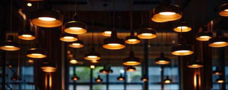 A dark room with a high ceiling adorned with modern, decorative electric lamps. The warm, diffused light creates a cozy ambiance, with ample space left in the background for text or additional elements.の素材