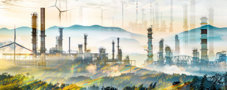 A creative double exposure of an oil refinery plant and a landscape filled with geothermal energy plants and wind turbines. The overlay signifies the diversification of energy sources for a sustainable future.の素材