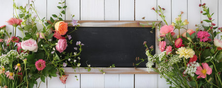 A beautiful flower arrangement on a white wooden surface with a blackboard in the center, perfect for text.の素材
