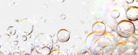 A collection of sparkling bubbles floating on a pristine white background, capturing the essence of lightness and transparency. The blank canvas emphasizes the delicate beauty and ephemeral nature of the bubbles.の素材