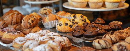 A gluten-free bakery display with a variety of gluten-free breads, muffins, and cookies.の素材