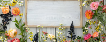 A colorful floral arrangement over a white wooden background with a blank blackboard, ideal for writing messages.の素材