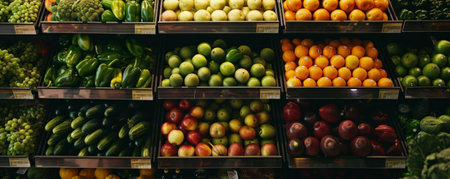 A display of organic fruits and vegetables in a grocery store, emphasizing the freshness and quality.の素材