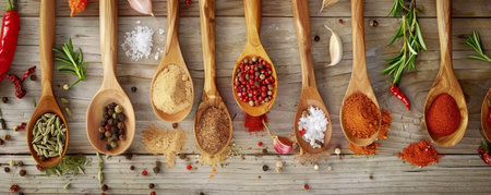 A collection of spices and cooking ingredients on wooden spoons, spread across a wooden cooking table, capturing the essence of culinary creativity.の素材