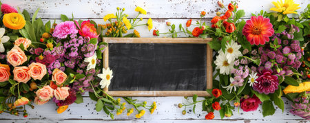 A colorful arrangement of flowers on a white wooden background with a blackboard in the center, ideal for messages.の素材