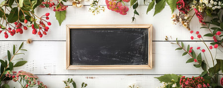 A charming floral display over a white wooden background with a central blackboard, ideal for text customization.の素材