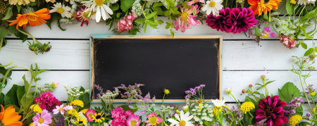 A colorful arrangement of flowers on a white wooden background with a blackboard in the center, ideal for messages.の素材