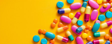 A collection of multicolored pills forming a semi-circle on a bright yellow background, leaving a clear area in the middle for text. The vibrant colors of the pills stand out against the sunny backdrop.の素材
