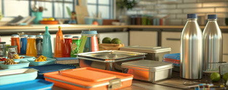 A conceptual image of a zero waste school. Students use reusable lunch containers, stainless steel water bottles, and recycled paper notebooks, creating a sustainable and eco-friendly learning environment.の素材