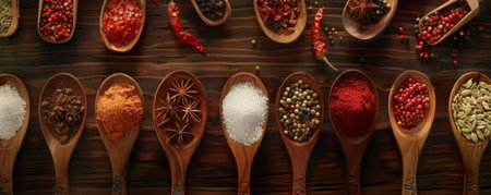 A collection of diverse spices and ingredients presented on wooden spoons, elegantly arranged on a cooking table, highlighting the textures and colors.の素材