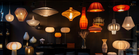 A dark room with a ceiling adorned with various stylish electric lamps, their warm light creating a cozy and inviting atmosphere. The modern designs of the lamps stand out against the dark background, leaving ample space for text or additional visuals.の素材