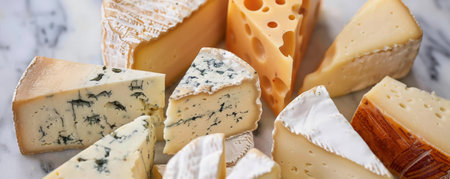 A detailed shot of an array of gourmet cheeses on a marble slab, including creamy brie, sharp gouda, tangy blue cheese, and a wedge of parmesan, each showing unique textures and rich flavors, perfect for an elegant cheese platter.の素材
