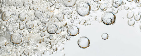 A cascade of bubbles falling from the top of a white background, creating a sense of movement and fluidity.の素材