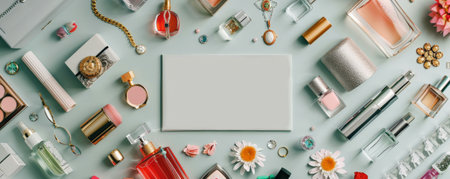 A collection of women's beauty and fashion products, like perfumes, necklaces, and makeup, surrounding a blank area from a top-down perspective.の素材
