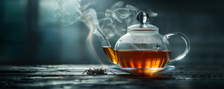 A clear glass teapot filled with steaming tea, against a dark, minimalist background. The rich tea color contrasts with the darkness, leaving plenty of space for text.の素材