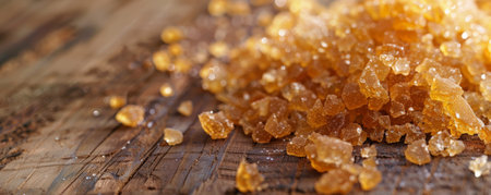 A close-up shot of a pile of caramelized sugar crystals on a rustic wooden table, with a few crystals scattered around. The rich, golden color of the sugar stands out against the aged, textured wood, creating a warm and inviting scene.の素材