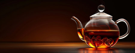 A glass teapot filled with hot tea, perfectly lit against a dark background. There's a spacious area beside the teapot for placing text or logos.の素材