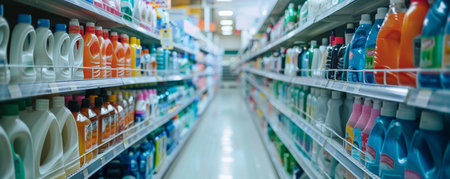 A grocery store cleaning supplies aisle with shelves stocked with detergents, soaps, and paper products.の素材