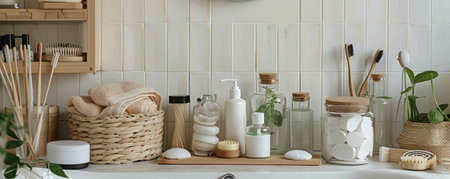 A detailed scene of a zero waste bathroom. Reusable cotton rounds, bamboo toothbrushes, and glass containers filled with homemade skincare products are neatly arranged, promoting a sustainable and eco-friendly lifestyle.の素材
