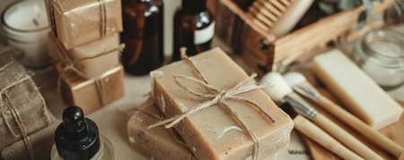 A close-up shot of zero waste beauty products. Refillable glass bottles, bamboo makeup brushes, and handmade soap bars wrapped in paper are displayed, highlighting sustainable and eco-friendly beauty routines.の素材