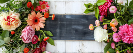 A beautiful flower arrangement on a white wooden surface with a blackboard in the center, perfect for text.の素材