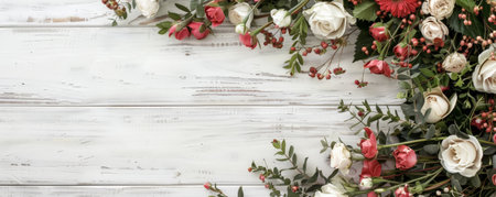 A beautiful floral arrangement over a white wooden background with a blackboard for customizable messages.の素材