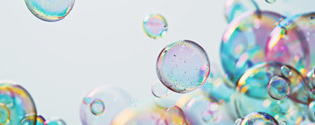 A group of bubbles floating diagonally from the bottom left to the top right of a white background, adding a dynamic feel.の素材