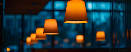 A high-ceilinged dark room with several modern electric lamps hanging elegantly, casting a soft, warm glow. The minimalist design of the lamps adds to the room's sophisticated atmosphere, with plenty of space left for background elements.の素材