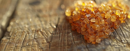 A close-up of caramelized sugar crystals arranged in a heart shape on a rustic wooden table. The glistening sugar crystals catch the light, emphasizing their golden color and the natural grain of the wood.の素材