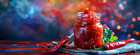 A jar of spicy condiment on a napkin, with a chili pepper and a spoon beside it, all set against a dynamic color background.の素材