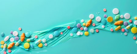A mix of colorful pills laid out in a wave pattern on a teal background, providing a dynamic visual with space for text on the top right. The teal color offers a modern and clean look.の素材
