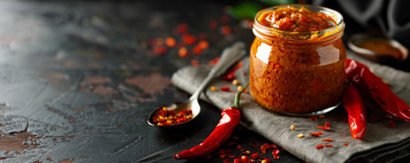 A jar of spicy condiment on a napkin, with a chili pepper and a spoon beside it, all set on a black background.の素材