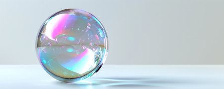 A single bubble with vivid reflections floating on a pure white background, capturing light from all angles.の素材