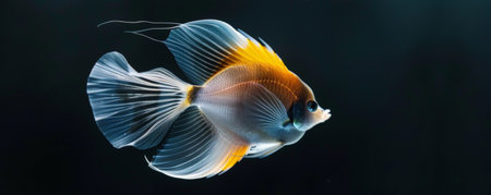 A solitary, graceful butterflyfish gliding through the water on a black background. The fish's delicate, elongated fins and bright, contrasting colors create a striking and elegant visual display.の素材