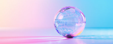 A single large bubble floating in the center of a pure white background, reflecting a spectrum of colors.の素材