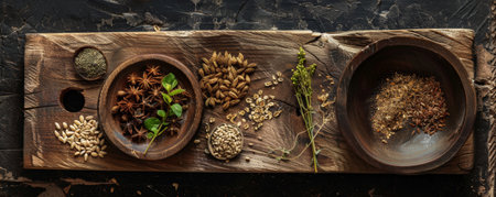 A rustic wooden board featuring a variety of seeds and a wooden bowl, arranged in an organic, earthy style.の素材