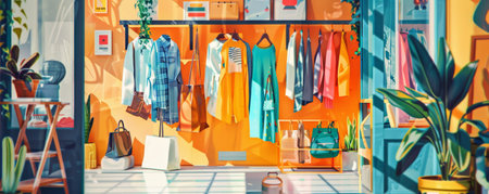A vibrant depiction of a zero waste fashion boutique. Clothes made from recycled materials, reusable shopping bags, and eco-friendly accessories are displayed, promoting sustainable fashion choices.の素材