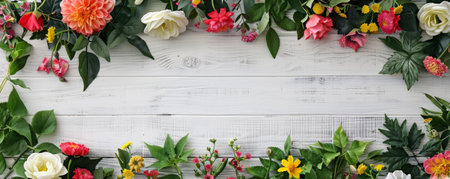 A vibrant arrangement of flowers on a white wooden background with a blackboard for personalized messages.の素材
