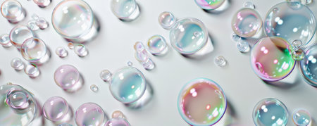 A mix of large and small bubbles floating randomly on a clean white canvas, each bubble reflecting light uniquely.の素材