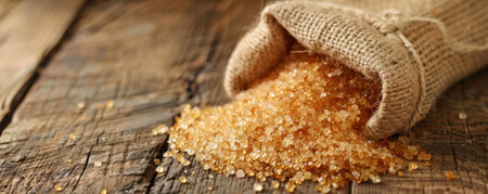 A small burlap sack spilling caramelized sugar crystals onto a rustic wooden table. The warm tones of the sugar and the rough texture of the table evoke a sense of homeliness and simplicity.の素材