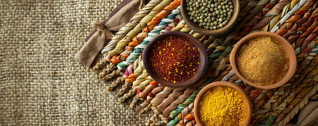 A vibrant mix of spices in small bowls, displayed on a woven placemat with a rustic background.の素材