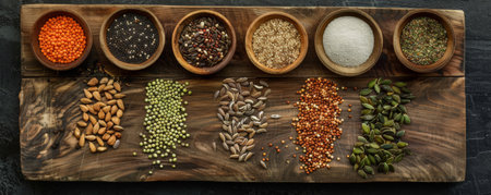 A top view of a wooden board with a variety of seeds and a wooden bowl, arranged in a natural, organic style.の素材