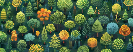 A vibrant illustration of a multi-species aforestation project. Various types of trees are planted in a diverse pattern, showing biodiversity and the benefits of planting a variety of species for a resilient forest ecosystem.の素材