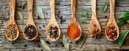A variety of spices and cooking ingredients on wooden spoons, meticulously arranged on a rustic cooking table, showcasing their beauty.の素材